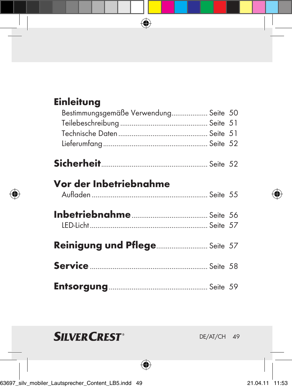 Einleitung, Sicherheit, Vor der inbetriebnahme | Inbetriebnahme, Reinigung und pflege, Service, Entsorgung | Silvercrest Z30813 User Manual | Page 47 / 58