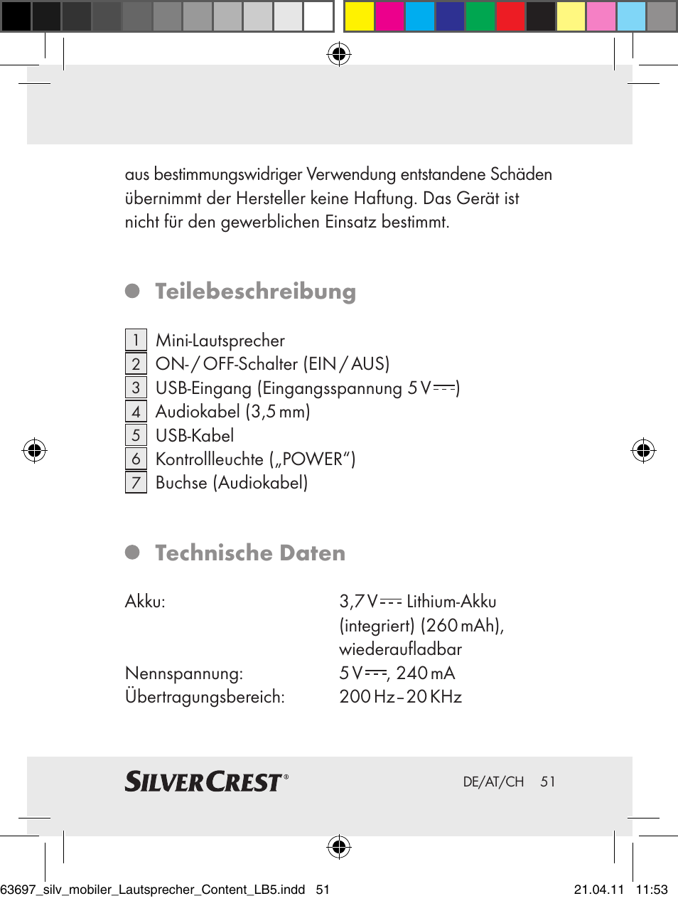 Teilebeschreibung, Technische daten | Silvercrest Z30813 User Manual | Page 49 / 58