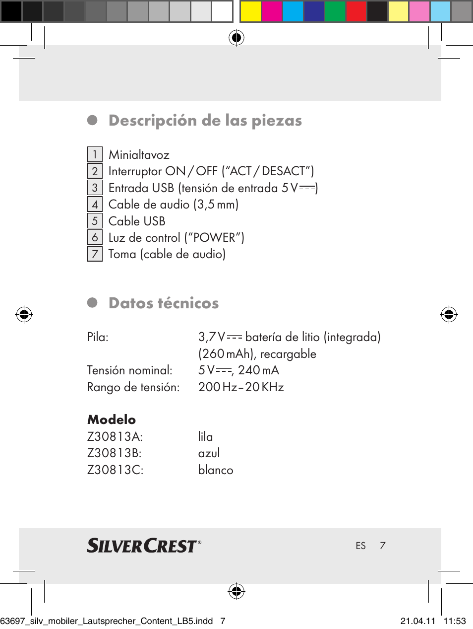 Descripción de las piezas, Datos técnicos | Silvercrest Z30813 User Manual | Page 5 / 58