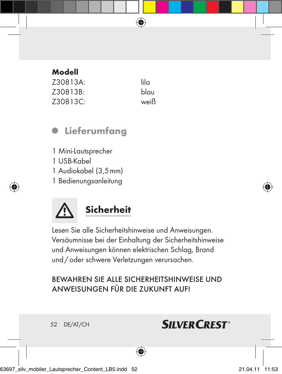 Lieferumfang, Sicherheit | Silvercrest Z30813 User Manual | Page 50 / 58