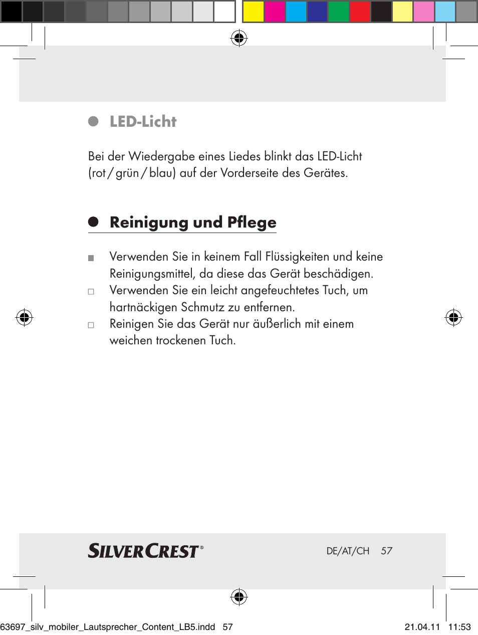 Led-licht, Reinigung und pflege | Silvercrest Z30813 User Manual | Page 55 / 58