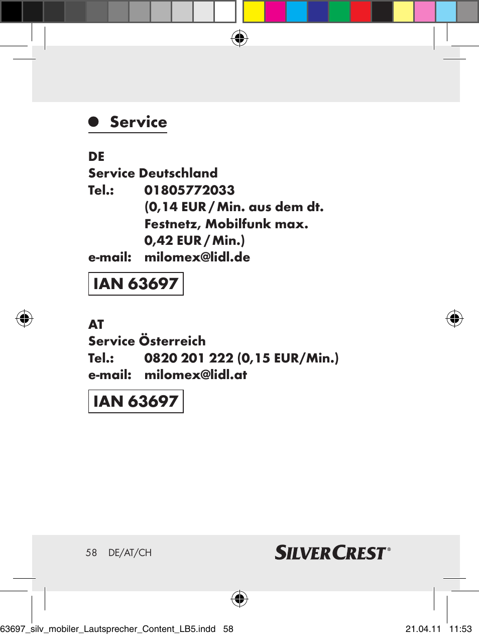 Service | Silvercrest Z30813 User Manual | Page 56 / 58