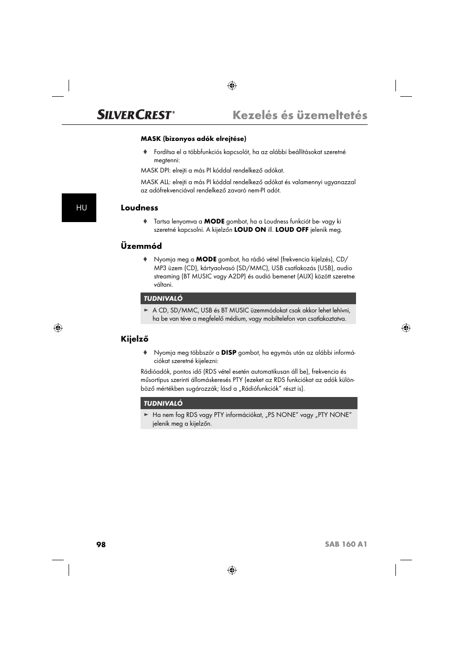 Kezelés és üzemeltetés, Loudness, Üzemmód | Kijelző | Silvercrest SAB 160 A1 User Manual | Page 100 / 242