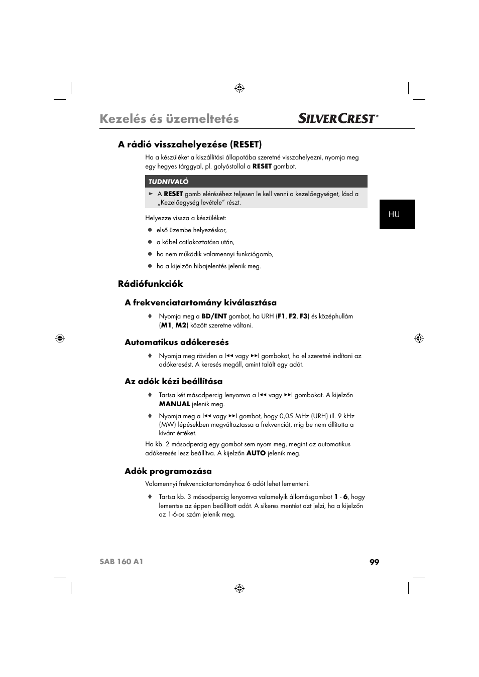 Kezelés és üzemeltetés, A rádió visszahelyezése (reset), Rádiófunkciók | A frekvenciatartomány kiválasztása, Automatikus adókeresés, Az adók kézi beállítása, Adók programozása | Silvercrest SAB 160 A1 User Manual | Page 101 / 242