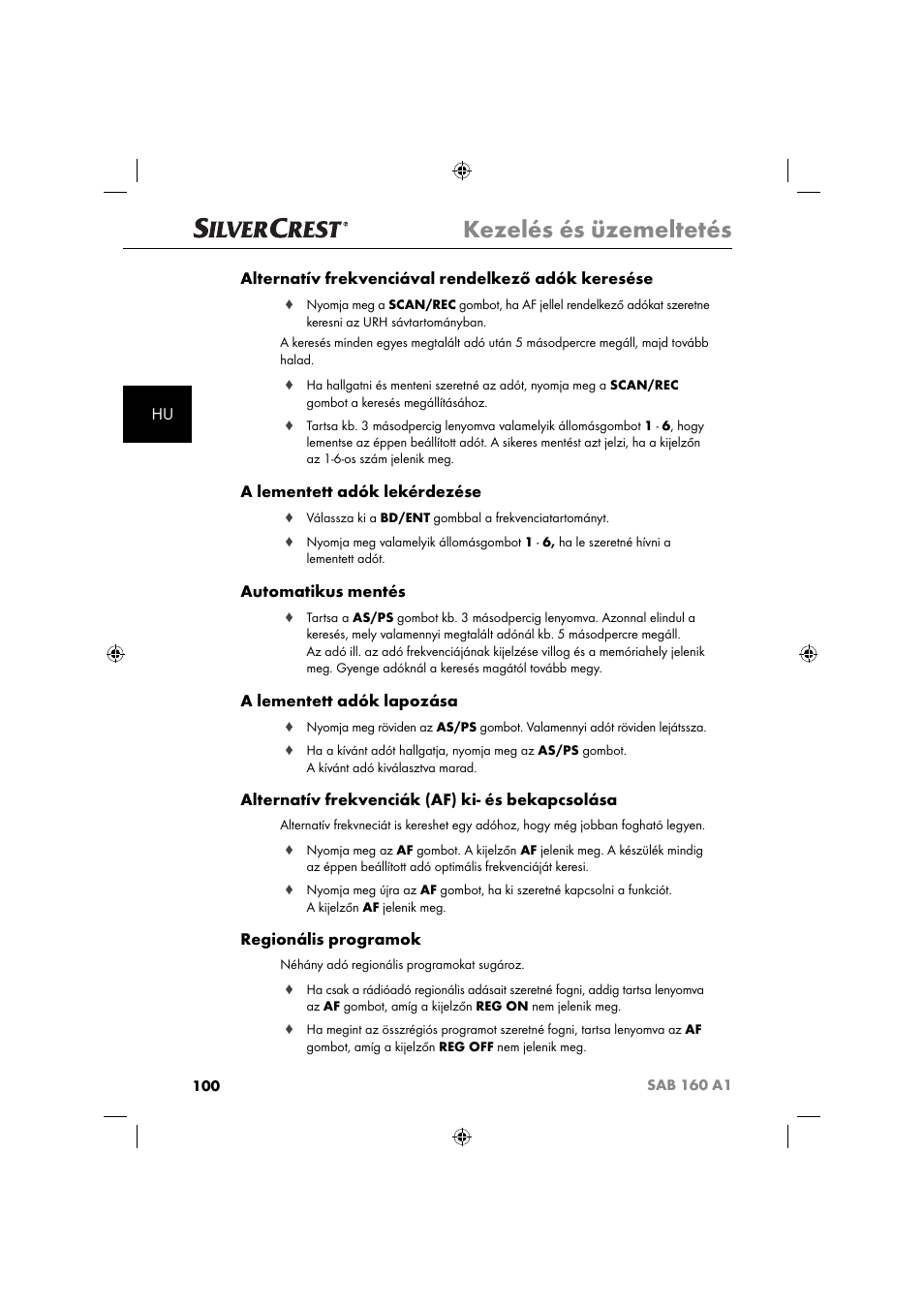 Kezelés és üzemeltetés, A lementett adók lekérdezése, Automatikus mentés | A lementett adók lapozása, Alternatív frekvenciák (af) ki- és bekapcsolása, Regionális programok | Silvercrest SAB 160 A1 User Manual | Page 102 / 242