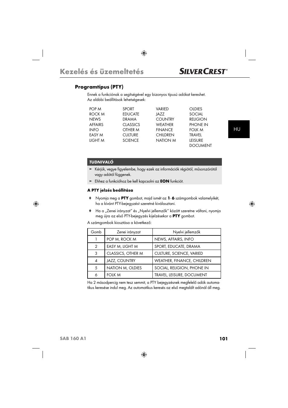 Kezelés és üzemeltetés, Hu programtípus (pty) | Silvercrest SAB 160 A1 User Manual | Page 103 / 242