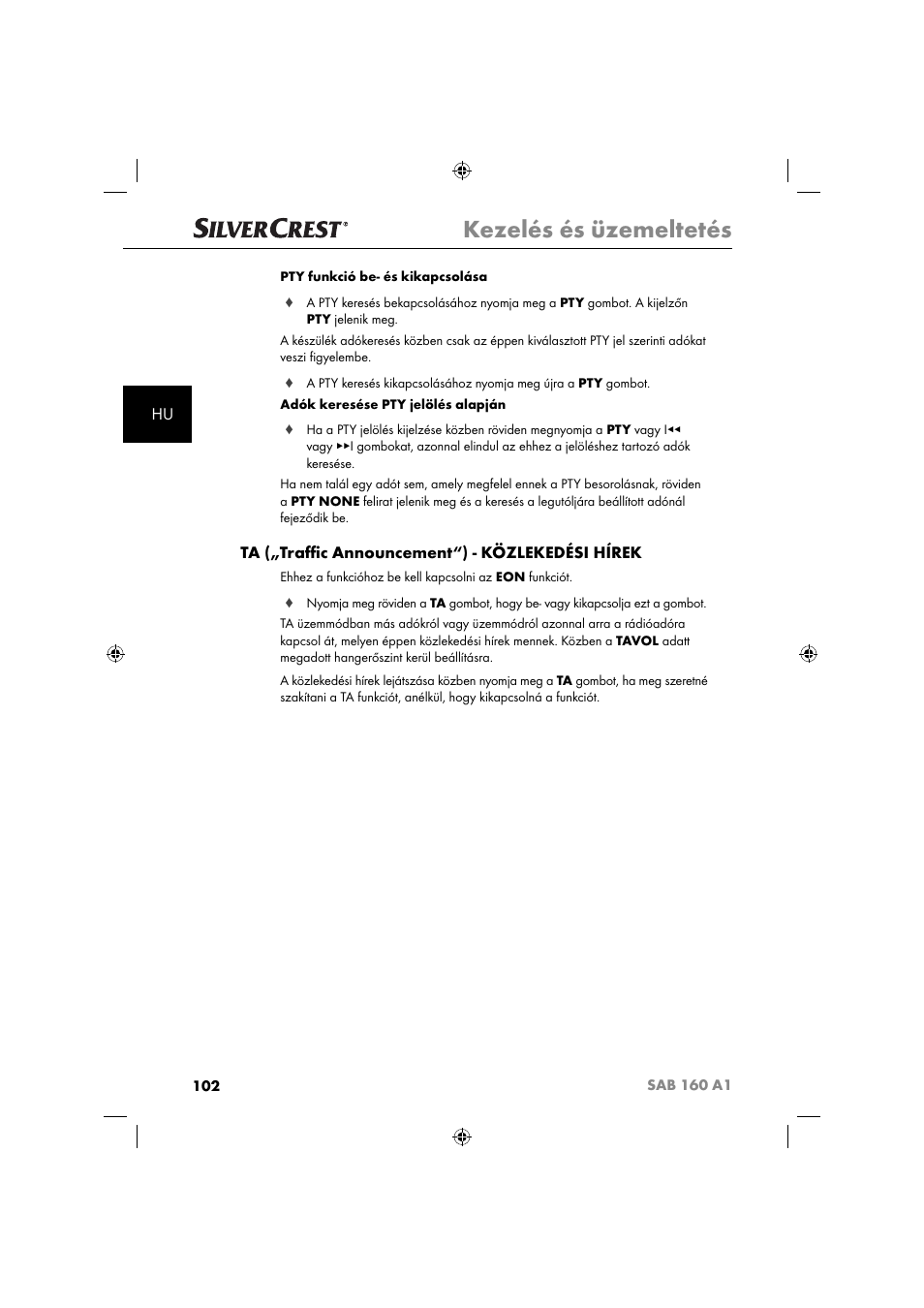 Kezelés és üzemeltetés, Ta („traﬃ c announcement“) - közlekedési hírek | Silvercrest SAB 160 A1 User Manual | Page 104 / 242