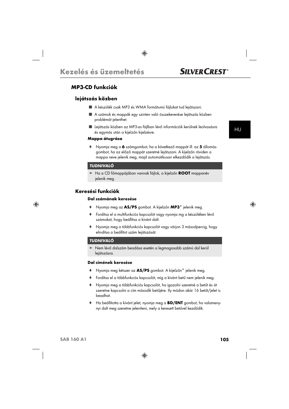 Kezelés és üzemeltetés, Mp3-cd funkciók, Lejátszás közben | Keresési funkciók | Silvercrest SAB 160 A1 User Manual | Page 107 / 242