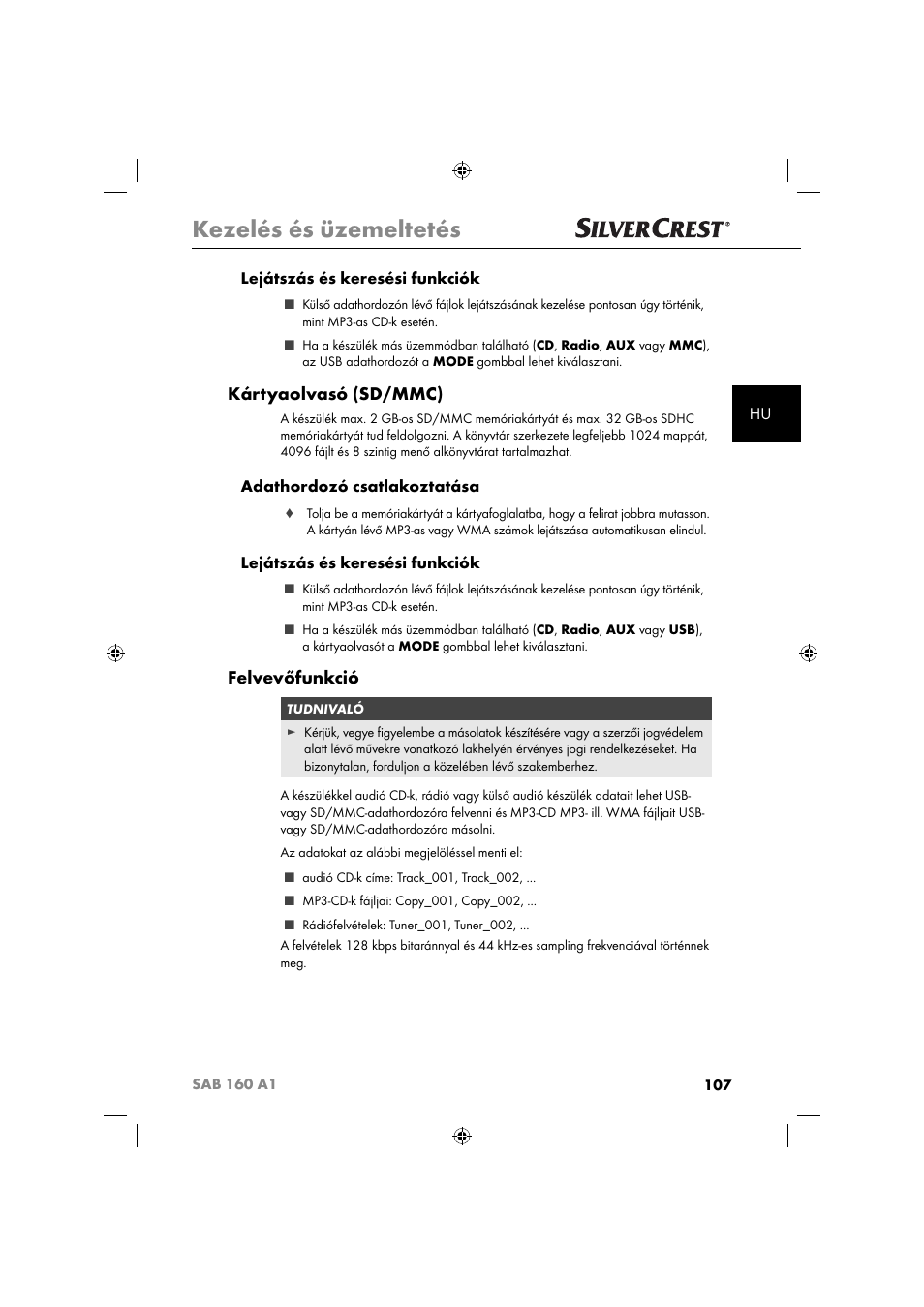 Kezelés és üzemeltetés, Kártyaolvasó (sd/mmc), Felvevőfunkció | Hu lejátszás és keresési funkciók, Adathordozó csatlakoztatása, Lejátszás és keresési funkciók | Silvercrest SAB 160 A1 User Manual | Page 109 / 242