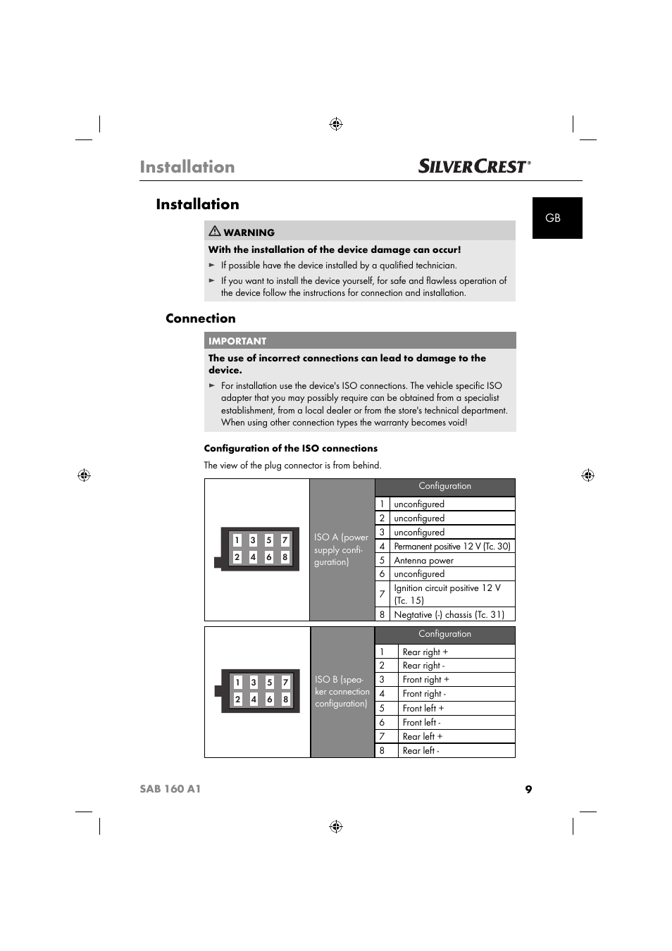 Installation, Connection | Silvercrest SAB 160 A1 User Manual | Page 11 / 242