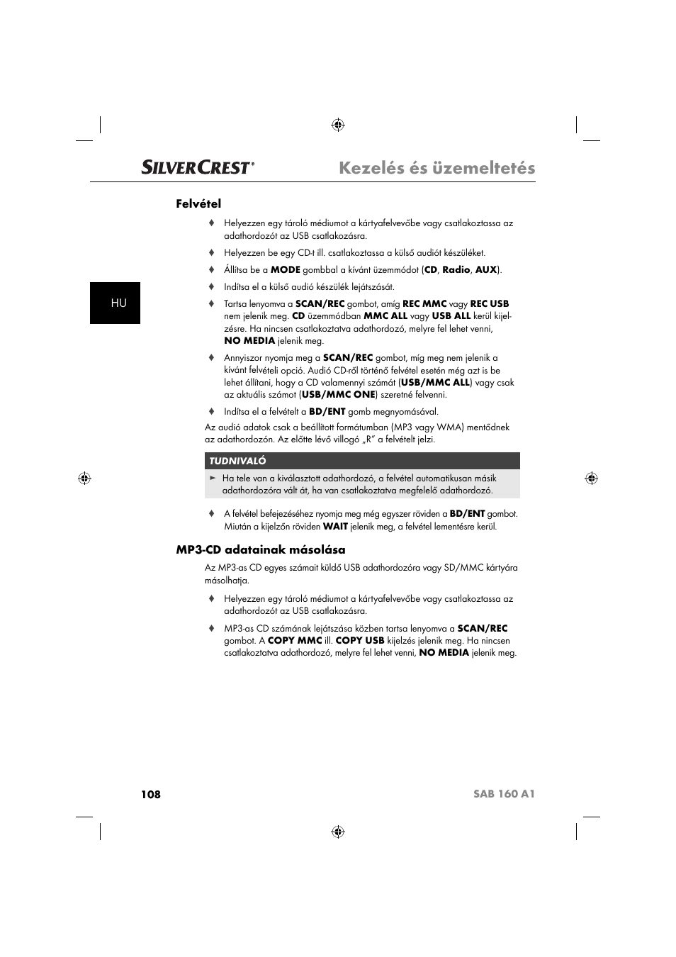 Kezelés és üzemeltetés, Hu felvétel, Mp3-cd adatainak másolása | Silvercrest SAB 160 A1 User Manual | Page 110 / 242