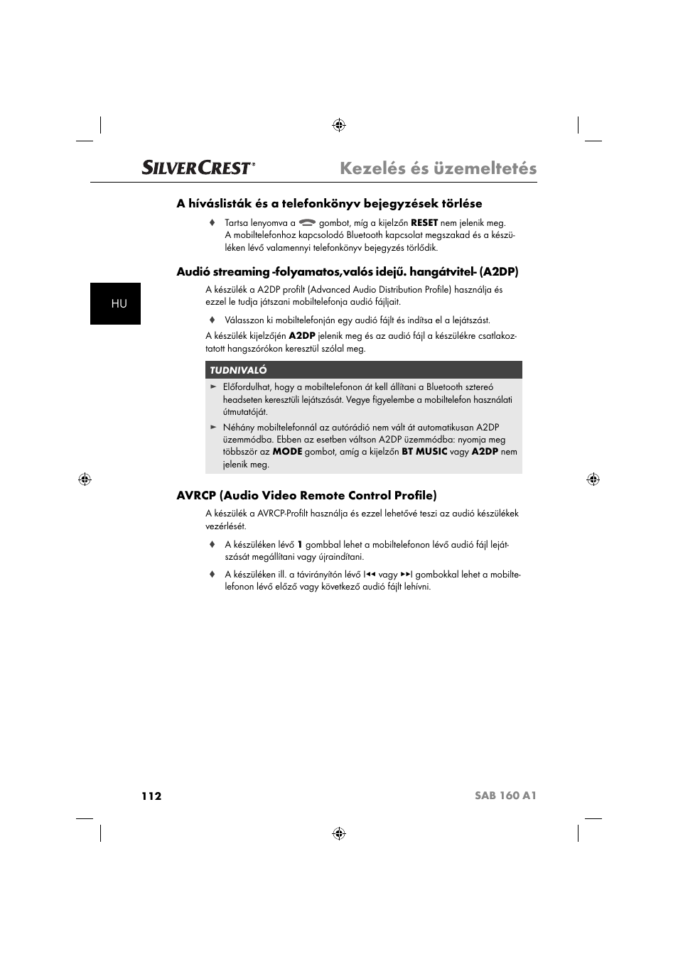 Kezelés és üzemeltetés, Avrcp (audio video remote control proﬁ le) | Silvercrest SAB 160 A1 User Manual | Page 114 / 242