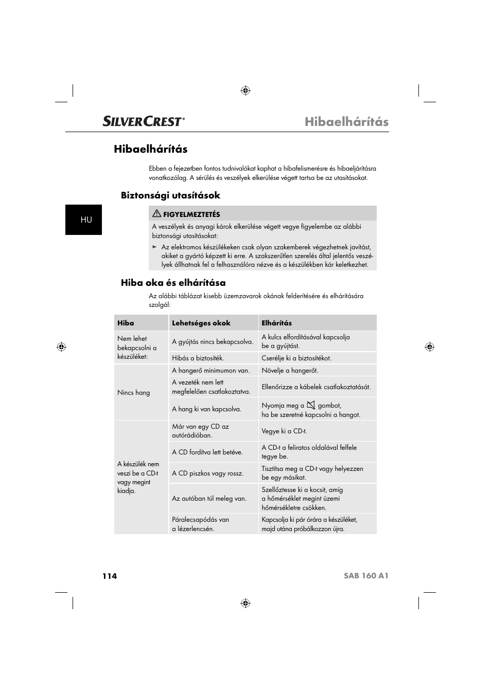 Hibaelhárítás, Biztonsági utasítások, Hiba oka és elhárítása | Silvercrest SAB 160 A1 User Manual | Page 116 / 242