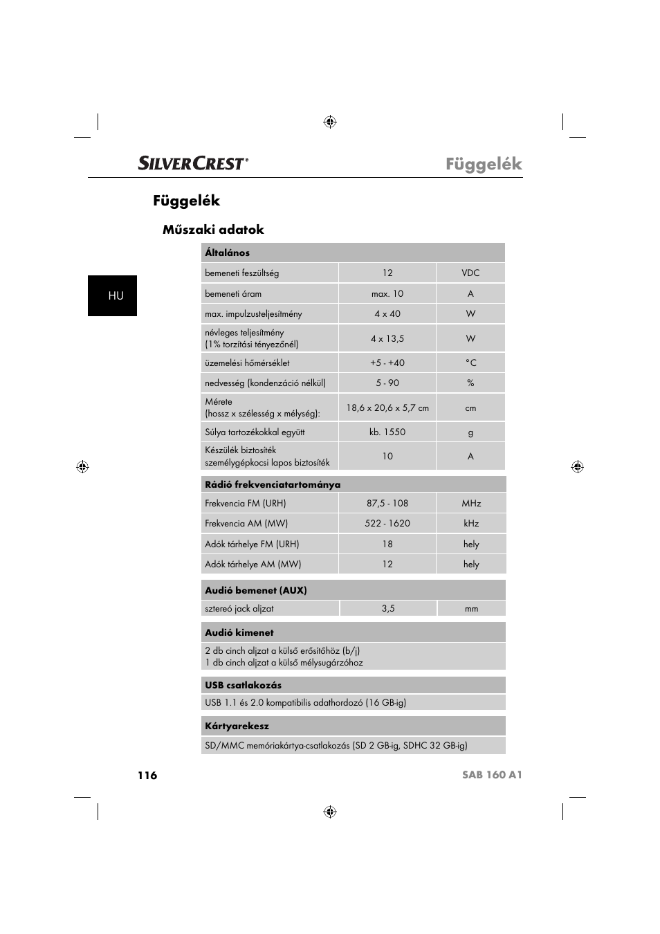 Függelék, Műszaki adatok | Silvercrest SAB 160 A1 User Manual | Page 118 / 242