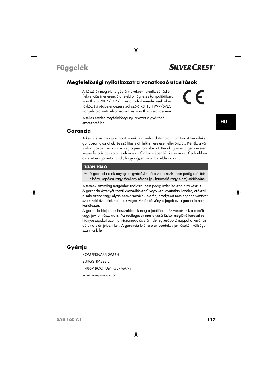 Függelék, Megfelelőségi nyilatkozatra vonatkozó utasítások, Garancia | Gyártja | Silvercrest SAB 160 A1 User Manual | Page 119 / 242