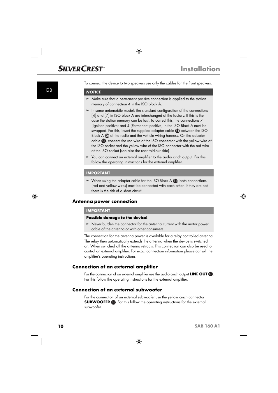 Installation, Antenna power connection, Connection of an external ampliﬁ er | Connection of an external subwoofer | Silvercrest SAB 160 A1 User Manual | Page 12 / 242