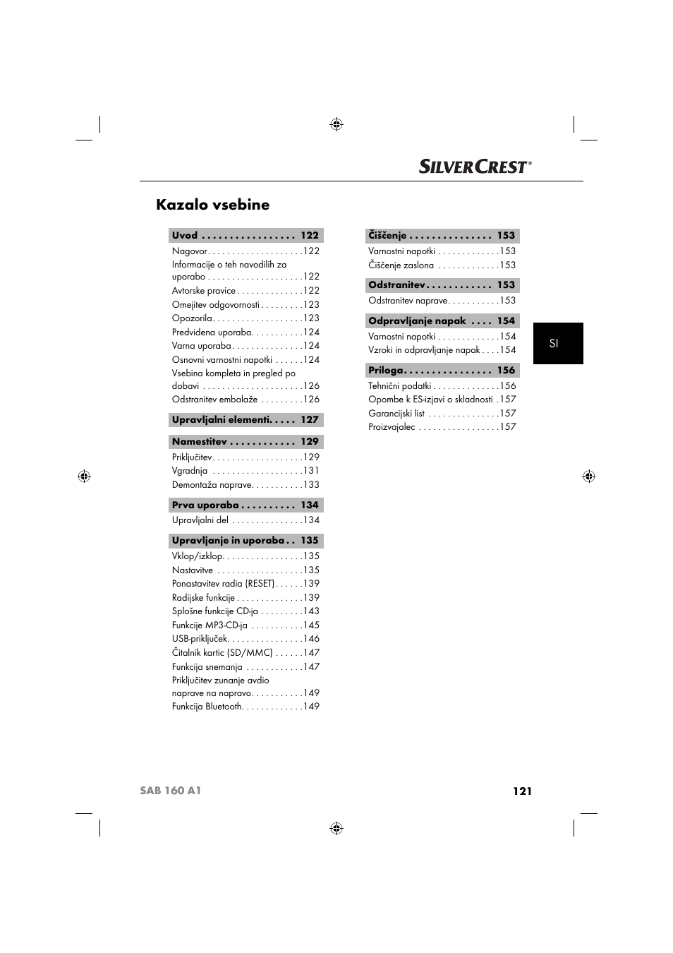 Kazalo vsebine | Silvercrest SAB 160 A1 User Manual | Page 123 / 242