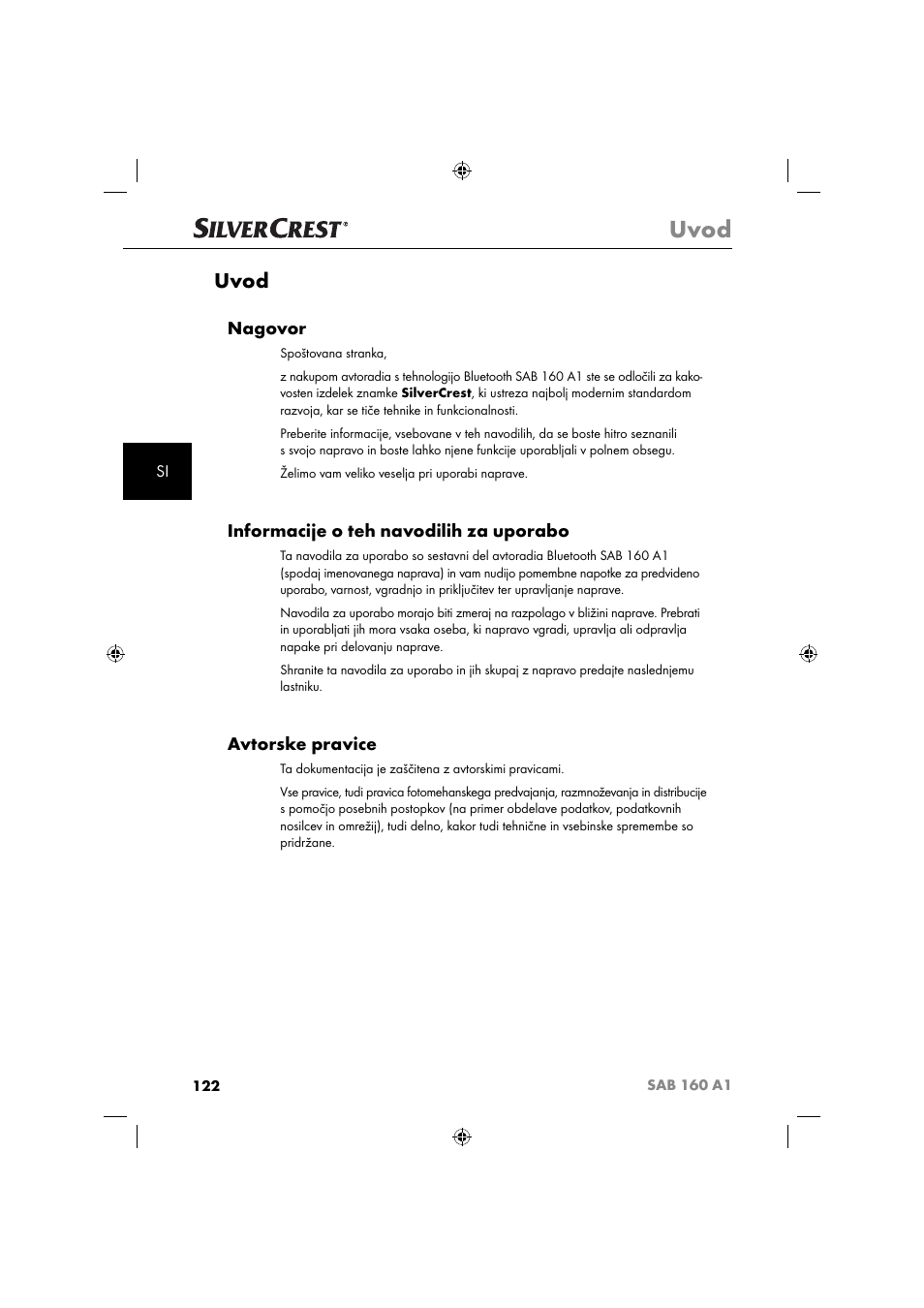 Uvod, Nagovor, Informacije o teh navodilih za uporabo | Avtorske pravice | Silvercrest SAB 160 A1 User Manual | Page 124 / 242