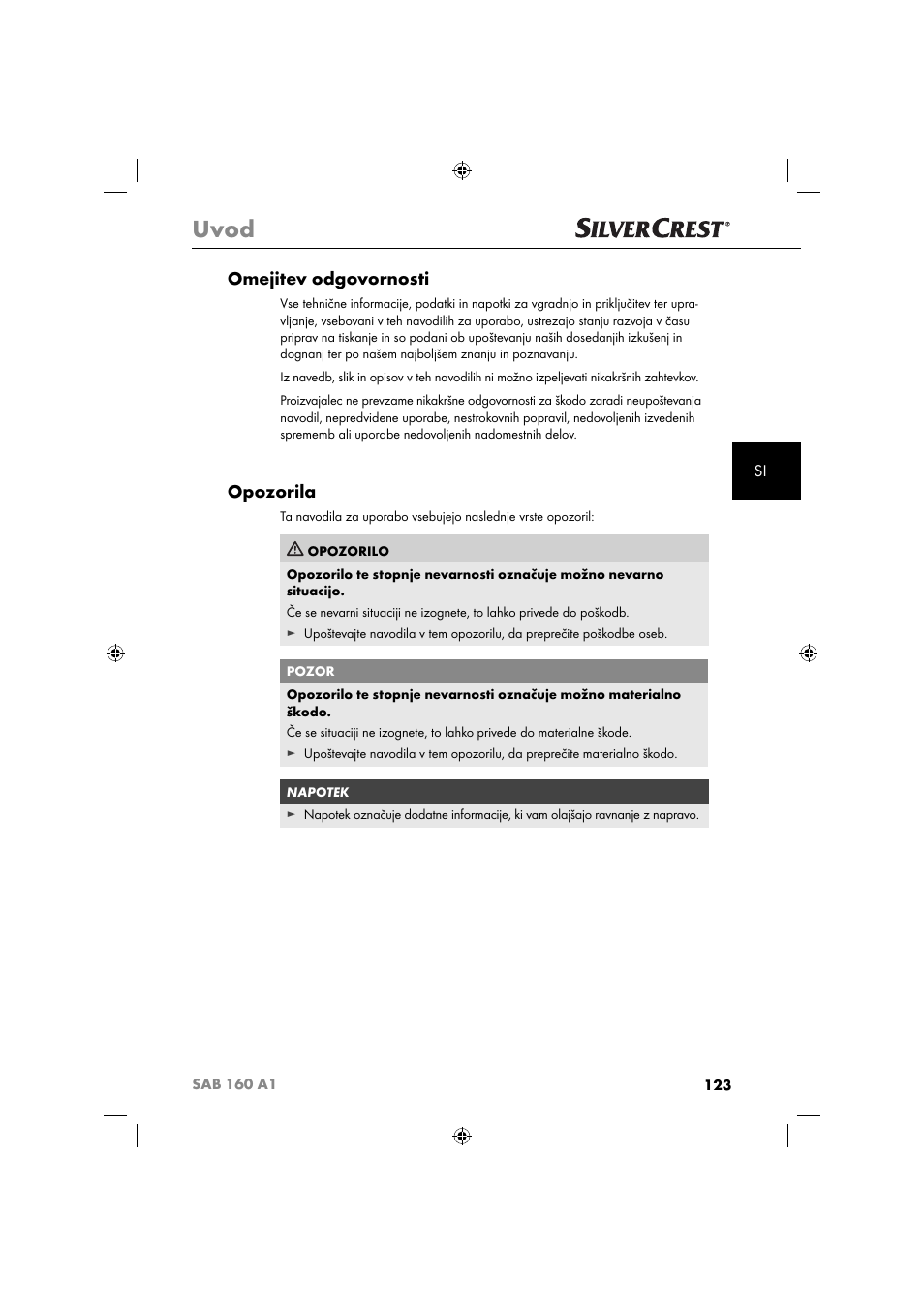 Uvod, Omejitev odgovornosti, Opozorila | Silvercrest SAB 160 A1 User Manual | Page 125 / 242