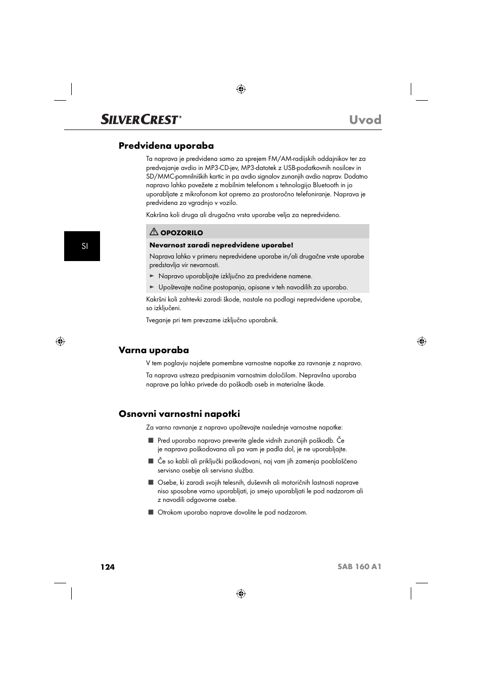 Uvod, Predvidena uporaba, Varna uporaba | Osnovni varnostni napotki | Silvercrest SAB 160 A1 User Manual | Page 126 / 242