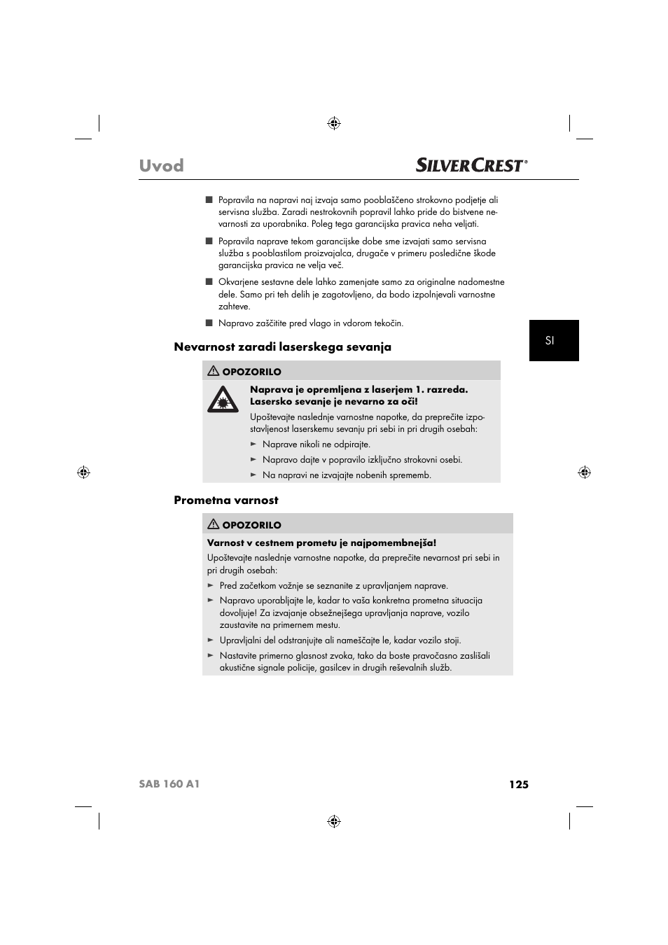 Uvod, Nevarnost zaradi laserskega sevanja, Prometna varnost | Silvercrest SAB 160 A1 User Manual | Page 127 / 242