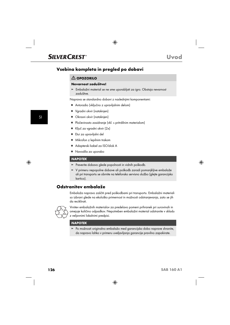 Uvod, Vsebina kompleta in pregled po dobavi, Odstranitev embalaže | Silvercrest SAB 160 A1 User Manual | Page 128 / 242