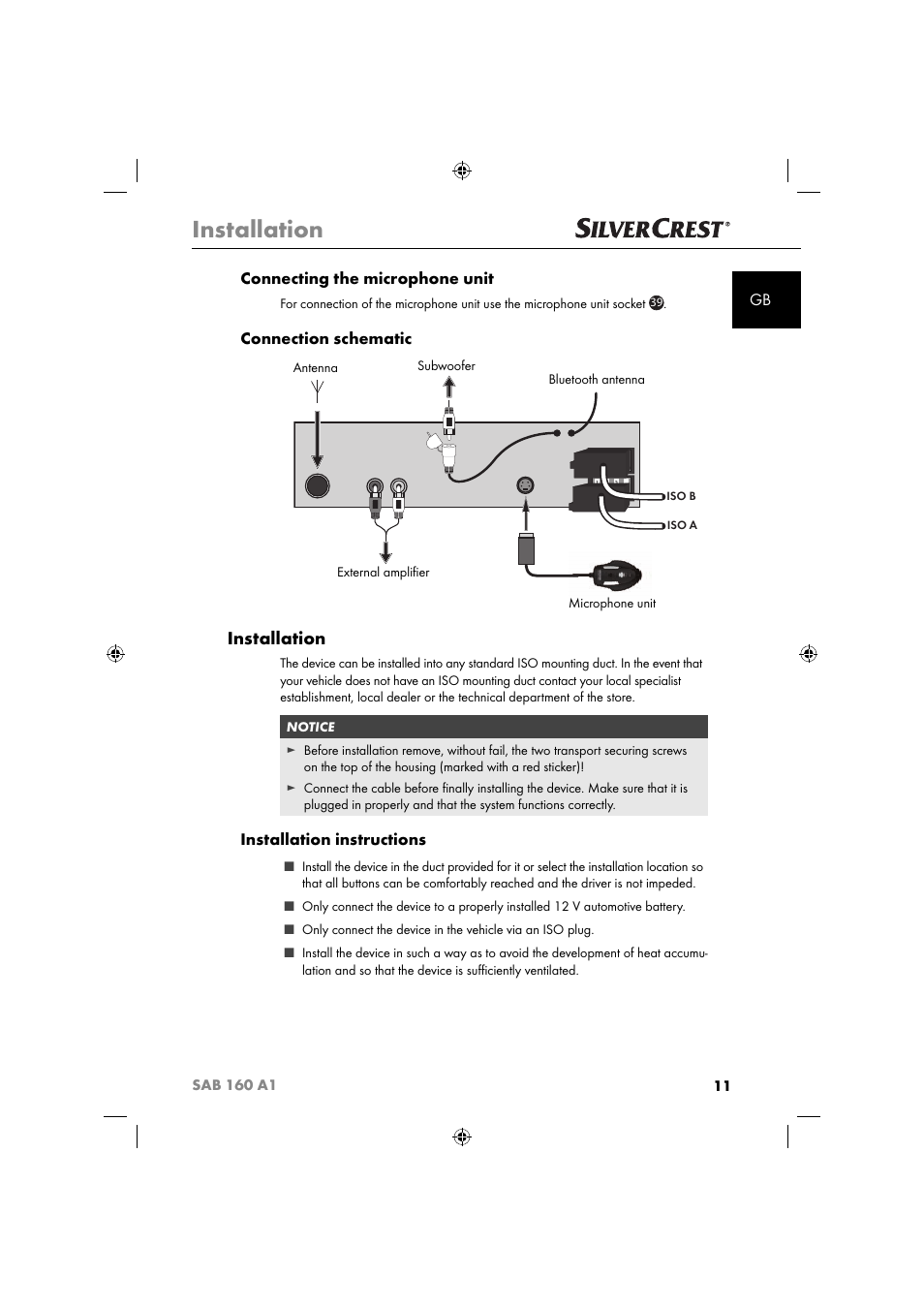 Installation, Gb connecting the microphone unit, Connection schematic | Installation instructions | Silvercrest SAB 160 A1 User Manual | Page 13 / 242