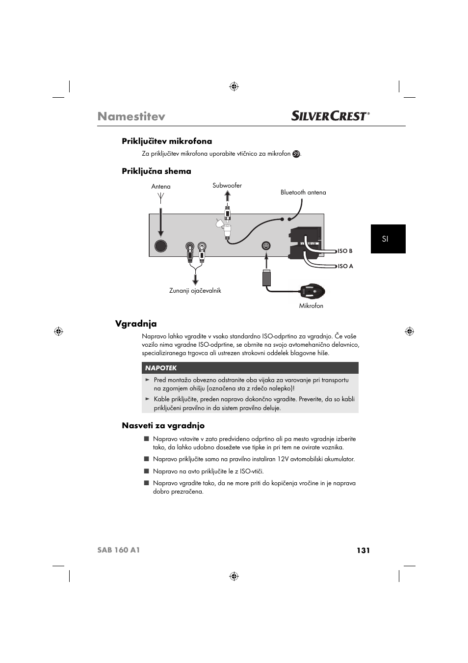 Namestitev, Vgradnja, Si priključitev mikrofona | Priključna shema, Nasveti za vgradnjo | Silvercrest SAB 160 A1 User Manual | Page 133 / 242