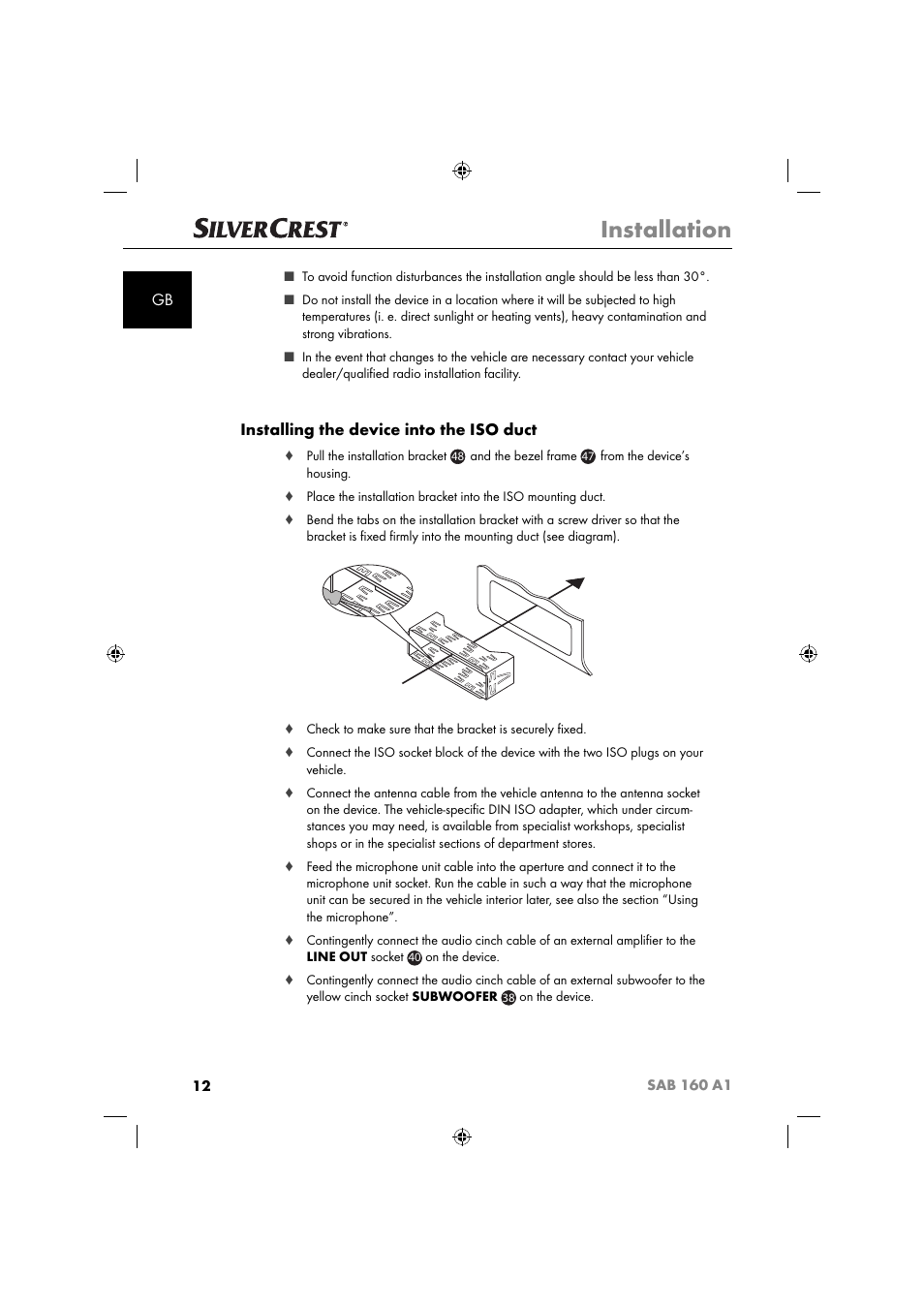 Installation, Installing the device into the iso duct | Silvercrest SAB 160 A1 User Manual | Page 14 / 242