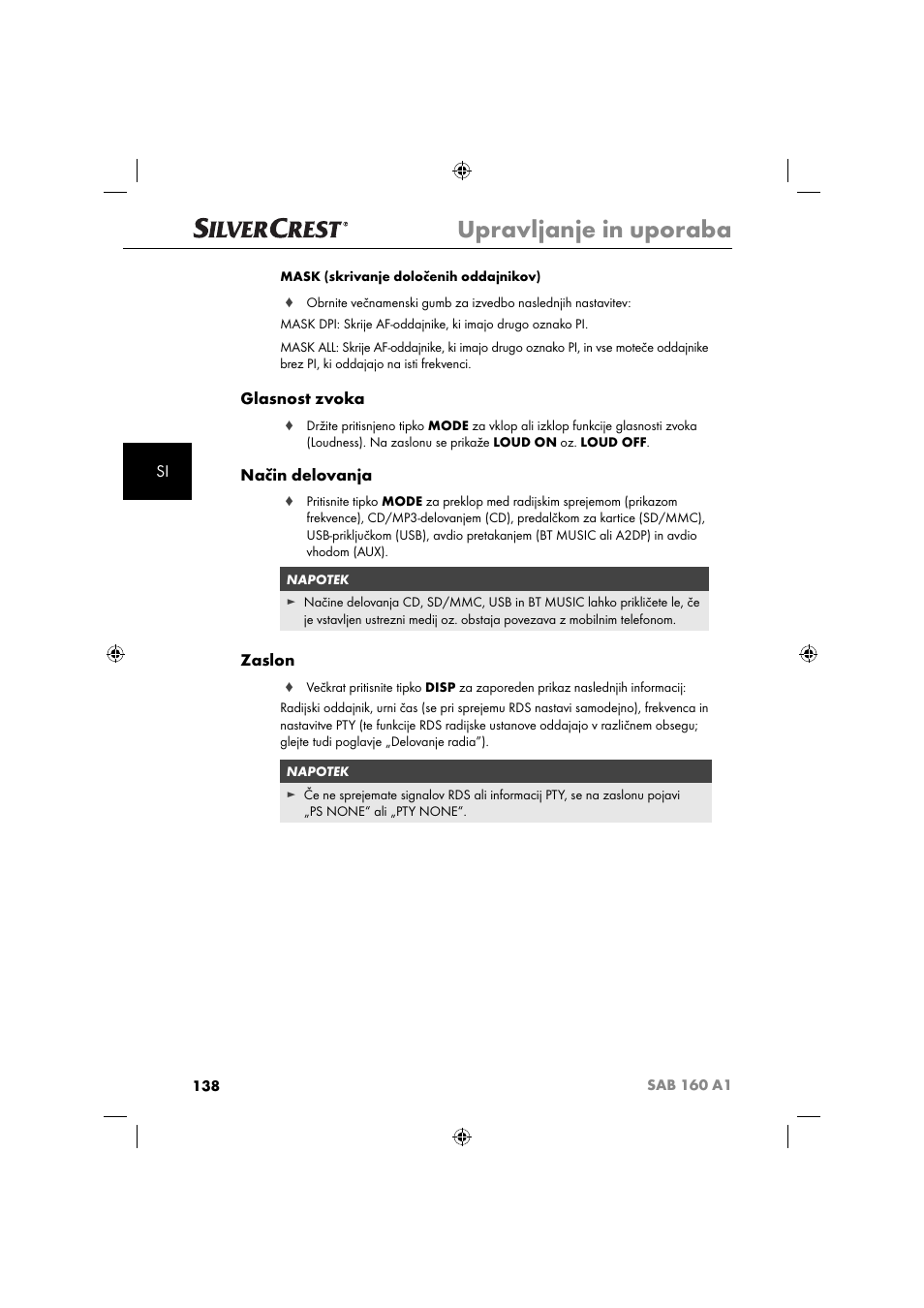 Upravljanje in uporaba, Glasnost zvoka, Način delovanja | Zaslon | Silvercrest SAB 160 A1 User Manual | Page 140 / 242