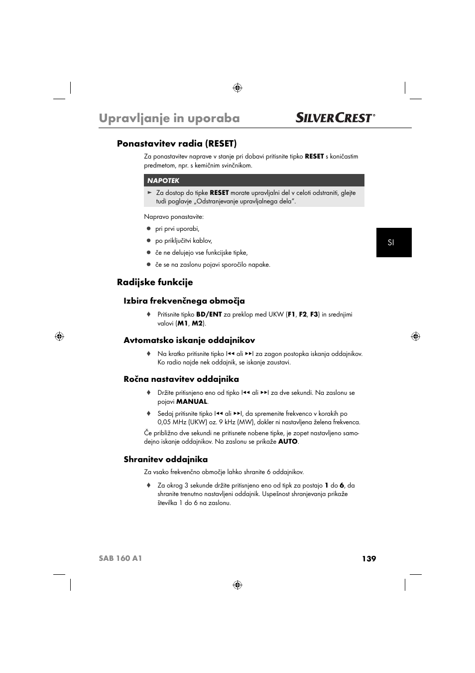 Upravljanje in uporaba, Ponastavitev radia (reset), Radijske funkcije | Izbira frekvenčnega območja, Avtomatsko iskanje oddajnikov, Ročna nastavitev oddajnika, Shranitev oddajnika | Silvercrest SAB 160 A1 User Manual | Page 141 / 242