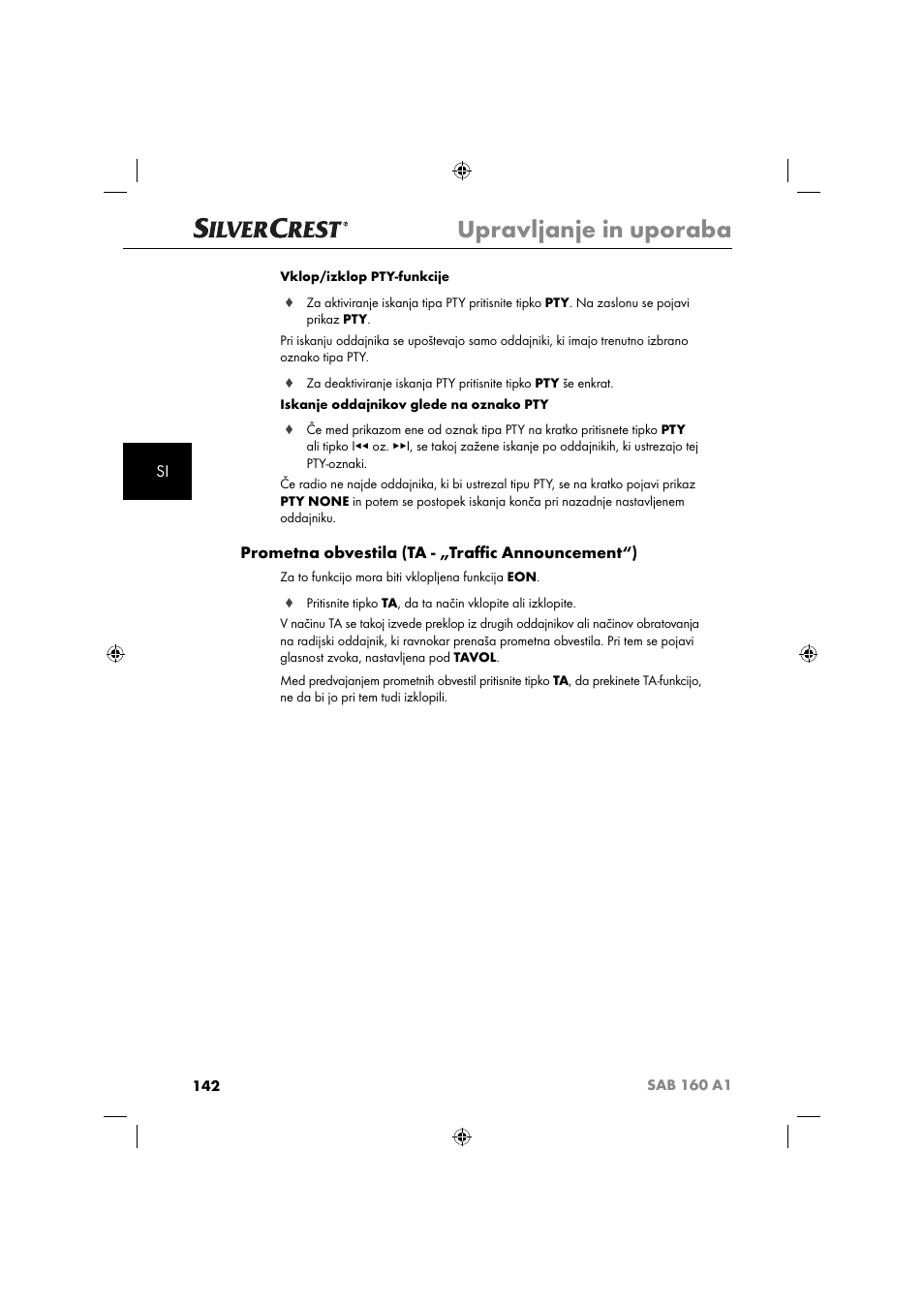 Upravljanje in uporaba, Prometna obvestila (ta - „traﬃ c announcement“) | Silvercrest SAB 160 A1 User Manual | Page 144 / 242