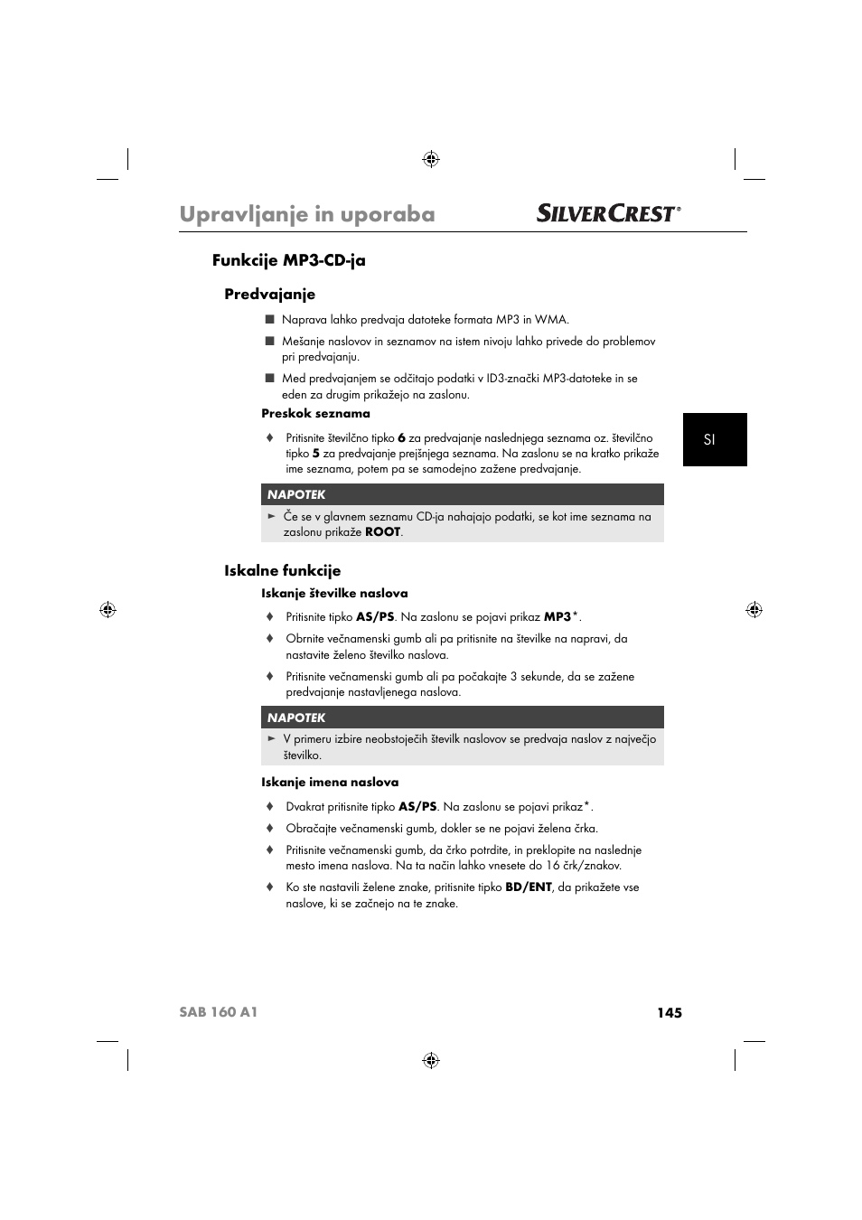 Upravljanje in uporaba, Funkcije mp3-cd-ja, Predvajanje | Iskalne funkcije | Silvercrest SAB 160 A1 User Manual | Page 147 / 242