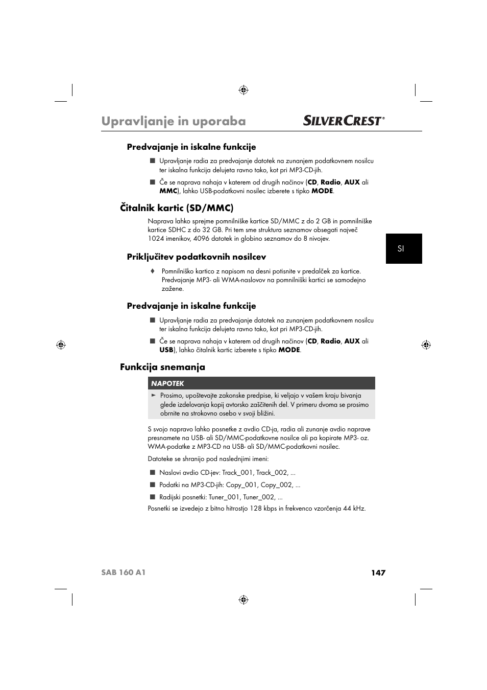 Upravljanje in uporaba, Čitalnik kartic (sd/mmc), Funkcija snemanja | Si predvajanje in iskalne funkcije, Priključitev podatkovnih nosilcev, Predvajanje in iskalne funkcije | Silvercrest SAB 160 A1 User Manual | Page 149 / 242