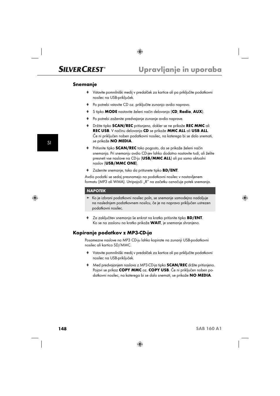 Upravljanje in uporaba, Si snemanje, Kopiranje podatkov z mp3-cd-ja | Silvercrest SAB 160 A1 User Manual | Page 150 / 242