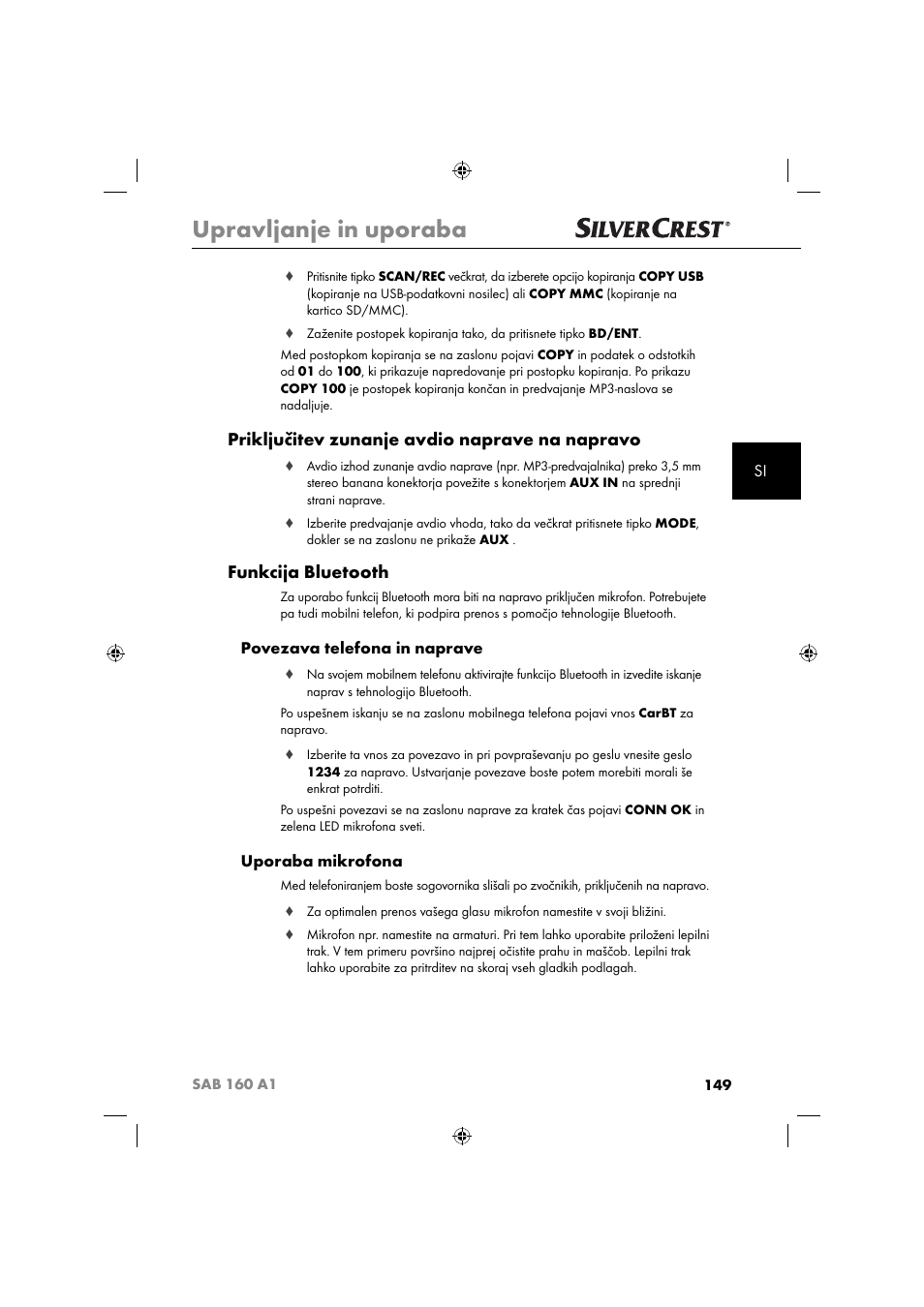 Upravljanje in uporaba, Priključitev zunanje avdio naprave na napravo, Funkcija bluetooth | Povezava telefona in naprave, Uporaba mikrofona | Silvercrest SAB 160 A1 User Manual | Page 151 / 242