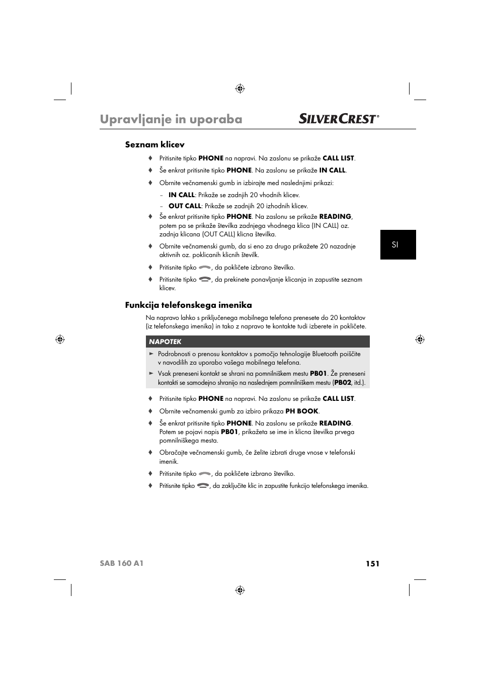 Upravljanje in uporaba, Si seznam klicev, Funkcija telefonskega imenika | Silvercrest SAB 160 A1 User Manual | Page 153 / 242