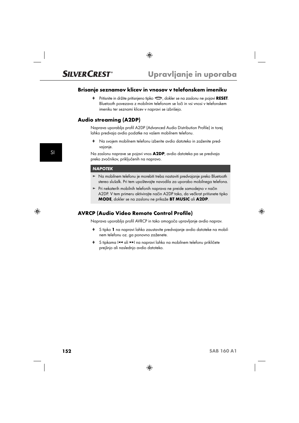 Upravljanje in uporaba, Audio streaming (a2dp), Avrcp (audio video remote control proﬁ le) | Silvercrest SAB 160 A1 User Manual | Page 154 / 242