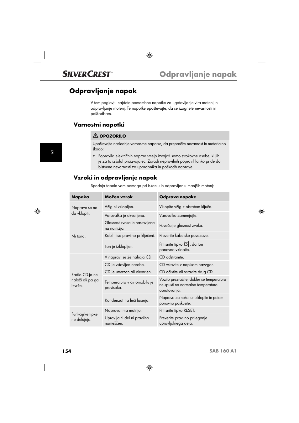 Odpravljanje napak, Varnostni napotki, Vzroki in odpravljanje napak | Silvercrest SAB 160 A1 User Manual | Page 156 / 242