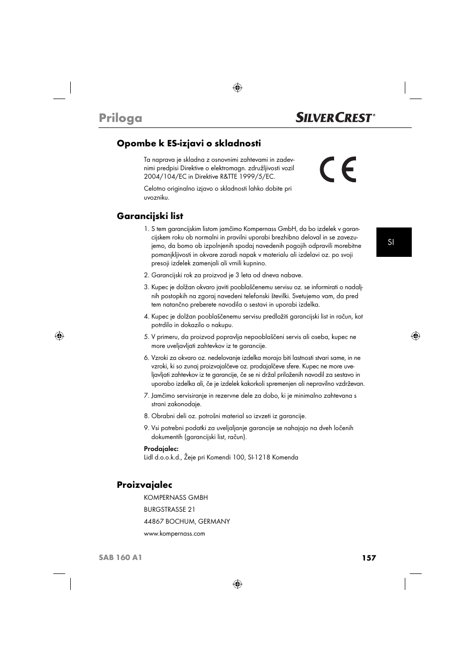 Priloga, Opombe k es-izjavi o skladnosti, Garancijski list | Proizvajalec | Silvercrest SAB 160 A1 User Manual | Page 159 / 242