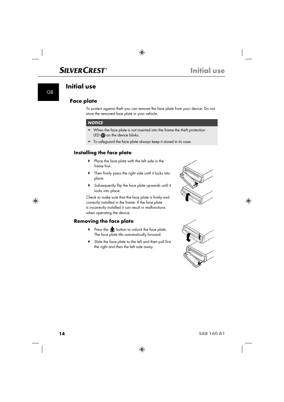 Initial use, Face plate, Installing the face plate | Removing the face plate | Silvercrest SAB 160 A1 User Manual | Page 16 / 242