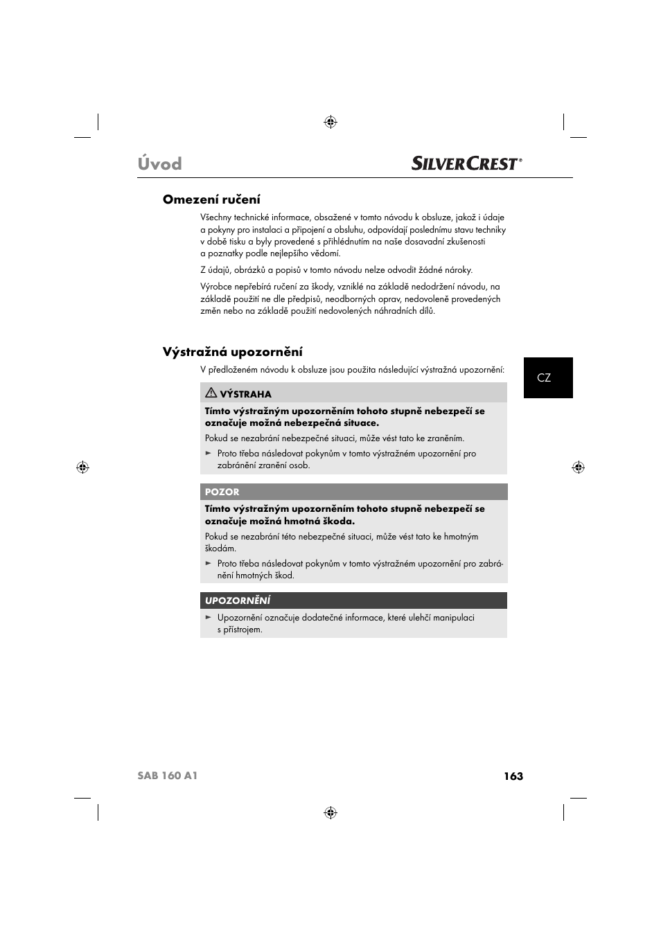 Úvod, Omezení ručení, Výstražná upozornění | Silvercrest SAB 160 A1 User Manual | Page 165 / 242