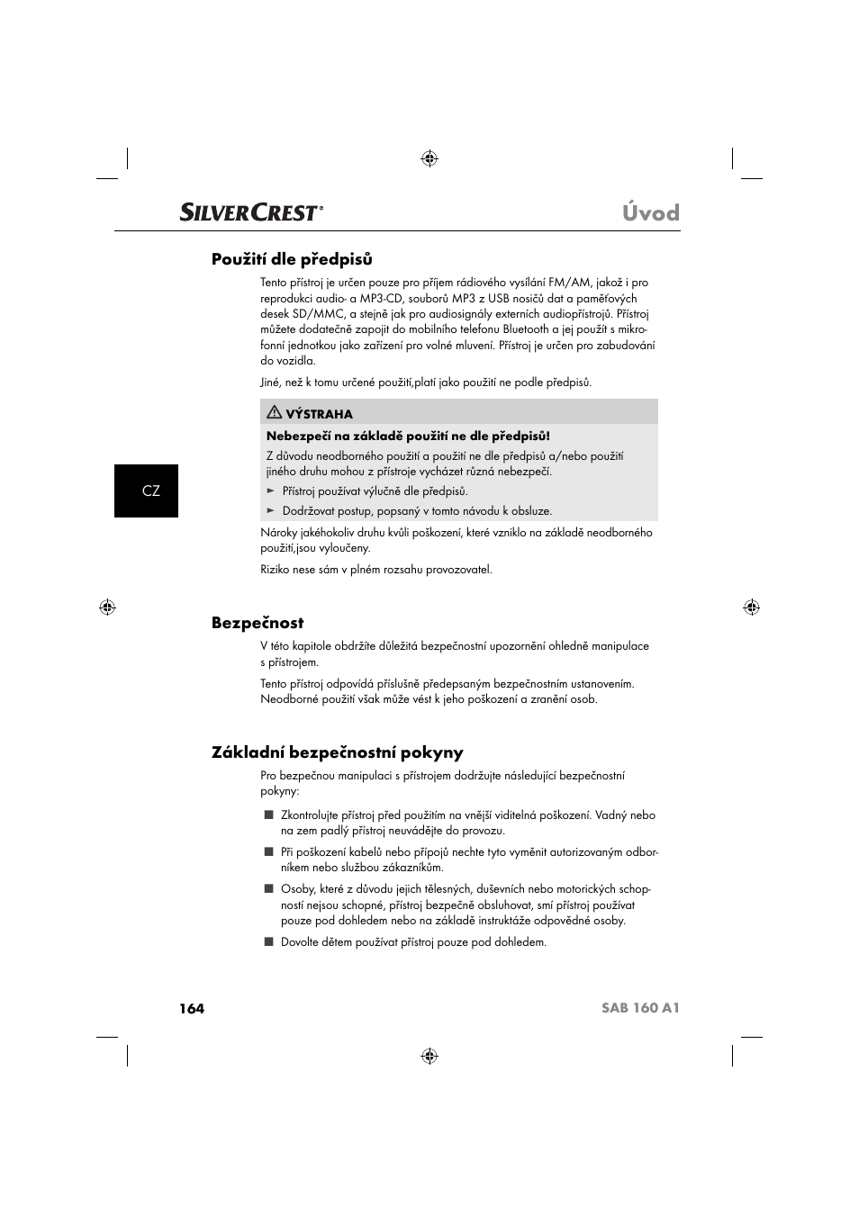 Úvod, Použití dle předpisů, Bezpečnost | Základní bezpečnostní pokyny | Silvercrest SAB 160 A1 User Manual | Page 166 / 242