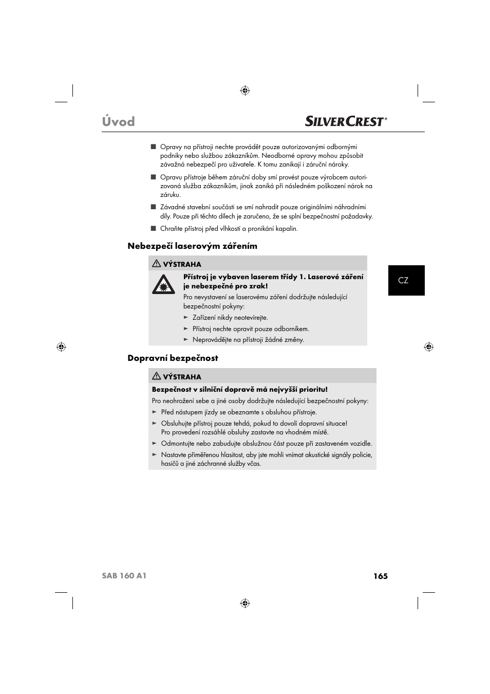 Úvod, Nebezpečí laserovým zářením, Dopravní bezpečnost | Silvercrest SAB 160 A1 User Manual | Page 167 / 242