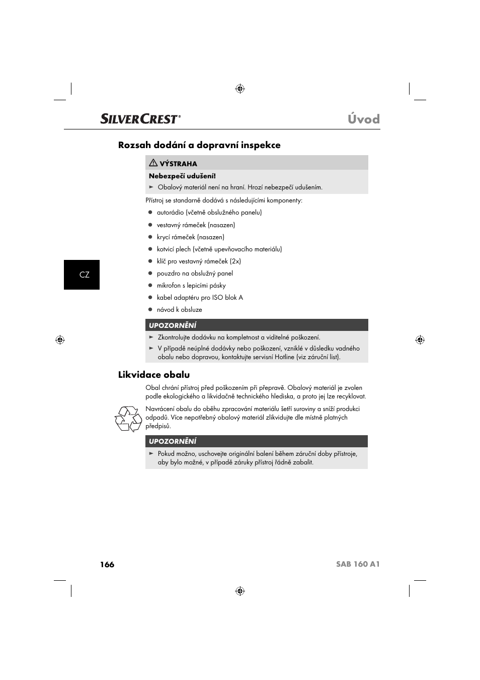 Úvod, Rozsah dodání a dopravní inspekce, Likvidace obalu | Silvercrest SAB 160 A1 User Manual | Page 168 / 242