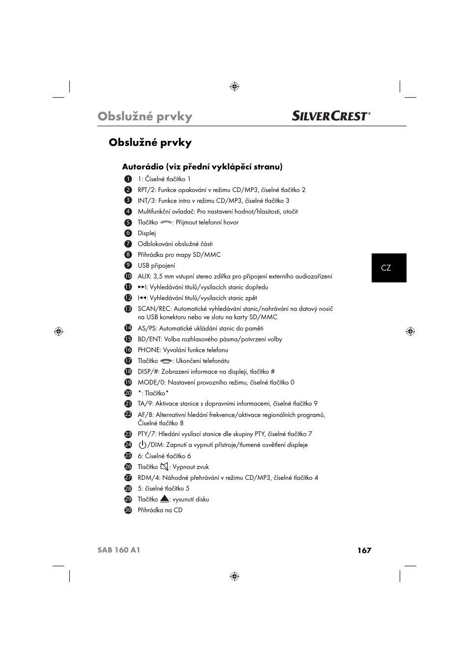 Obslužné prvky, Autorádio (viz přední vyklápěcí stranu) | Silvercrest SAB 160 A1 User Manual | Page 169 / 242