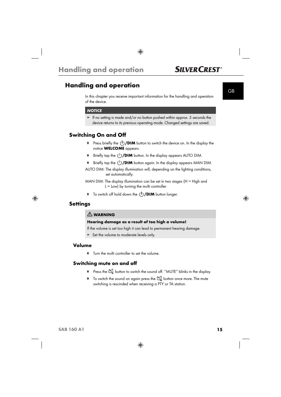 Handling and operation, Switching on and oﬀ, Settings | Volume, Switching mute on and oﬀ | Silvercrest SAB 160 A1 User Manual | Page 17 / 242