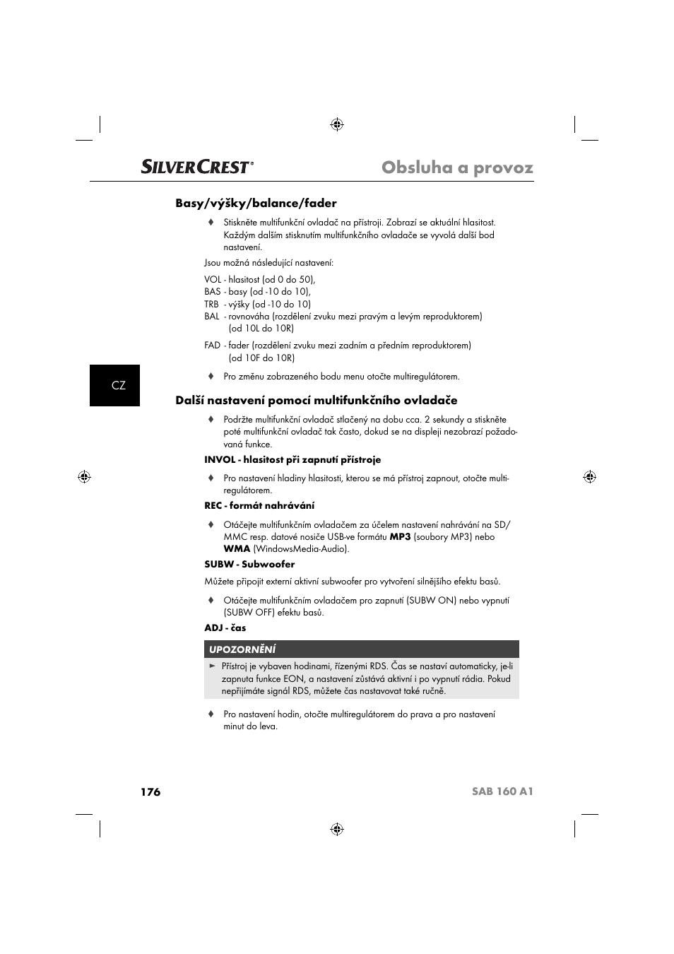 Obsluha a provoz, Cz basy/výšky/balance/fader, Další nastavení pomocí multifunkčního ovladače | Silvercrest SAB 160 A1 User Manual | Page 178 / 242