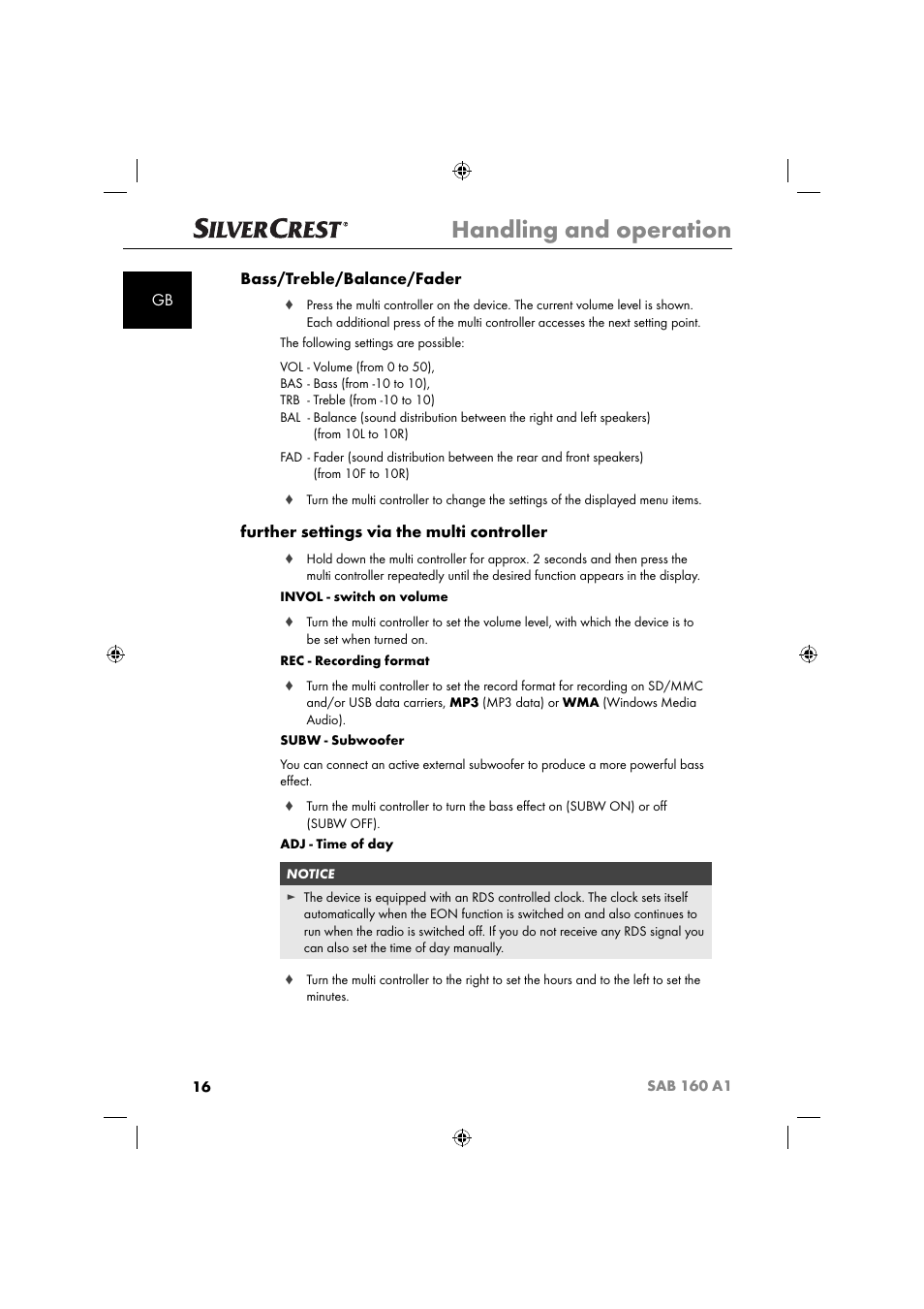 Handling and operation, Gb bass/treble/balance/fader, Further settings via the multi controller | Silvercrest SAB 160 A1 User Manual | Page 18 / 242