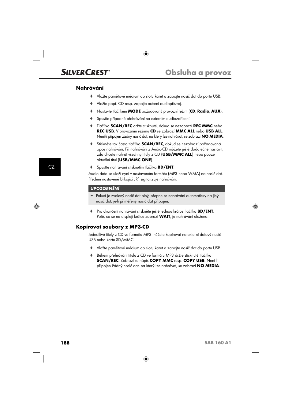 Obsluha a provoz, Cz nahrávání, Kopírovat soubory z mp3-cd | Silvercrest SAB 160 A1 User Manual | Page 190 / 242